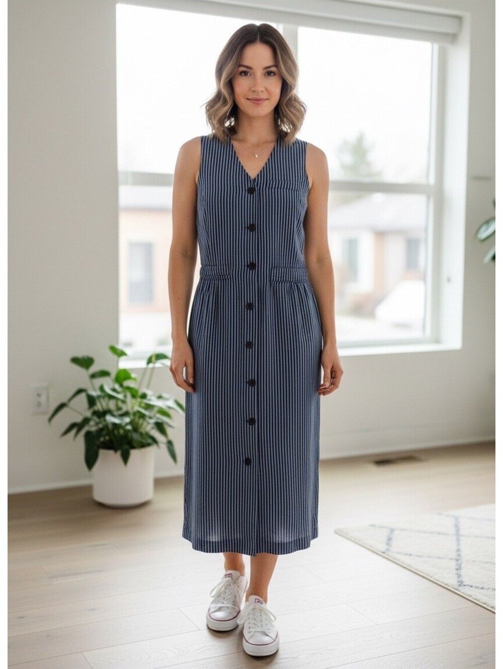 Vintage Ann Taylor Navy Pinstripe Vest Midi Dress Sleeveless Button Front Size 8